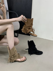 Ingvn  Women Sexy Black Suede Ruffled Boots Women Summer Clip Toe Flat Gladiator Sandals Woman Western Cowboy Boots Sandals