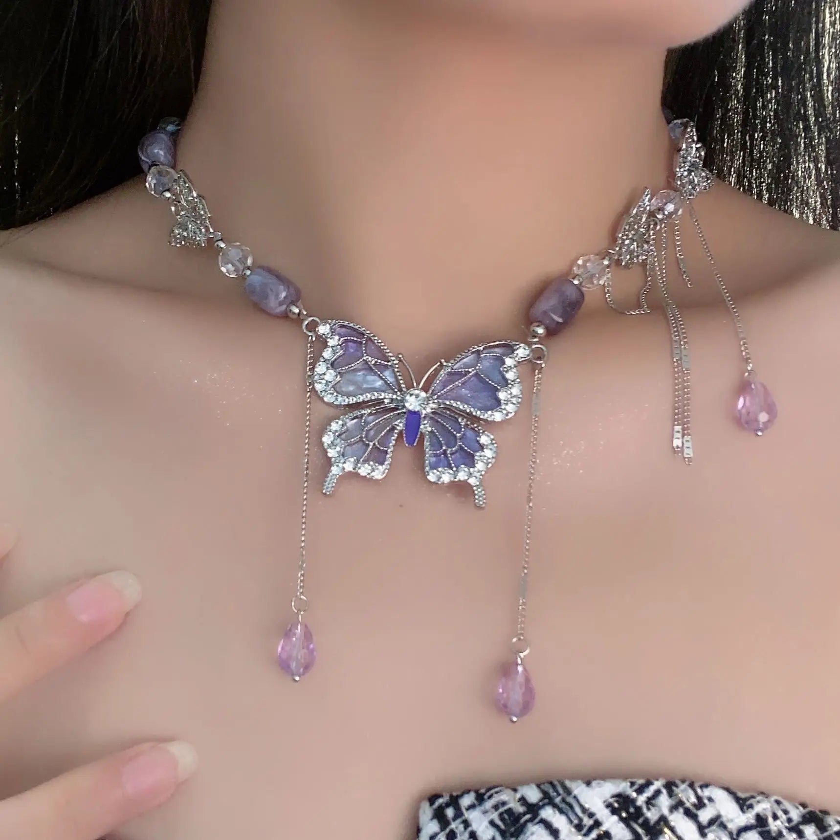 Ingvn  Purple Necklace for Women Crystal Butterfly Tassels Fashion Punk Style Jewelry Sweet Vintage Collares Para Mujer