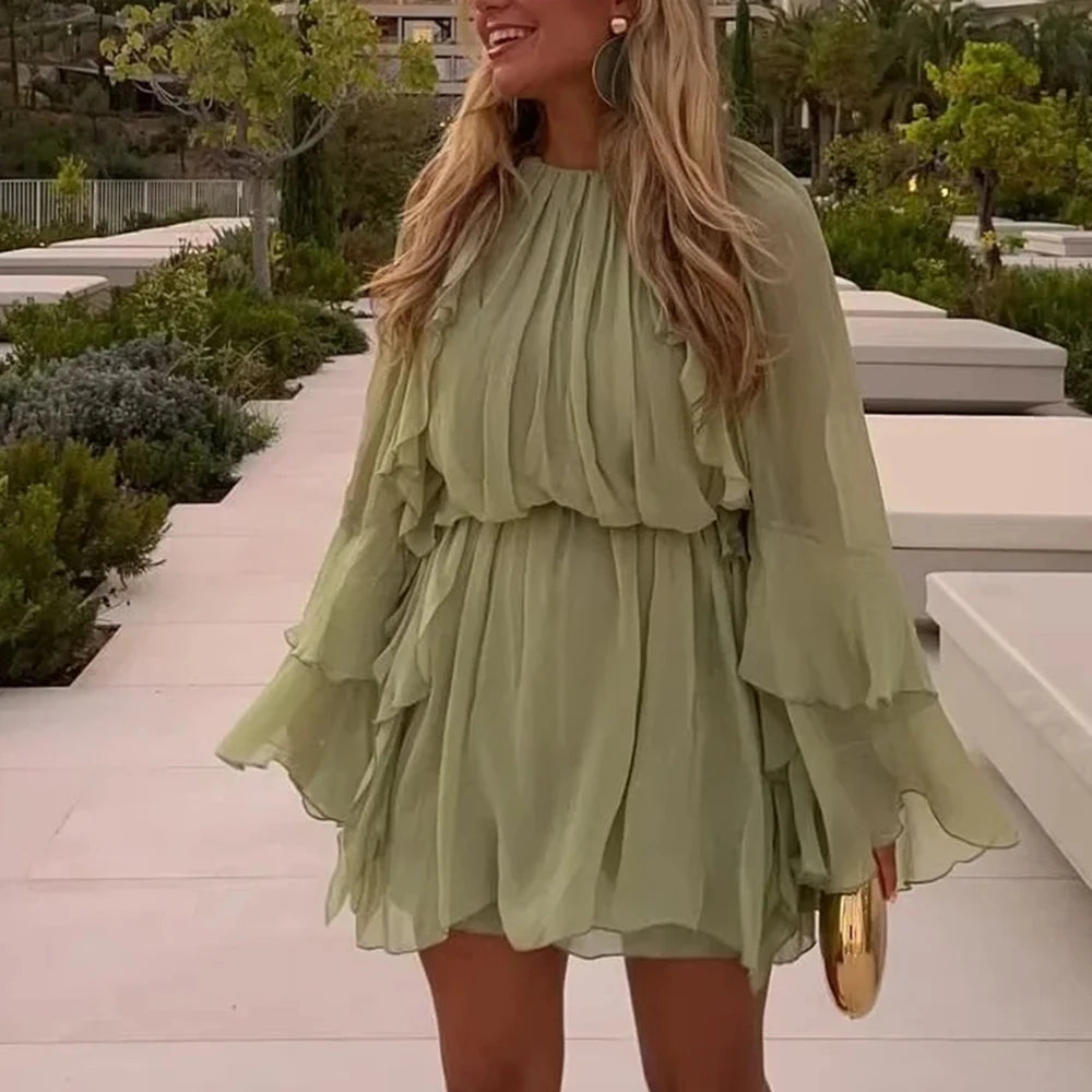 Ingvn  Solid Minimalist Mini Dresses For Women Round Neck Long Sleeve High Waist Elegant Dress Female Fashion New Style