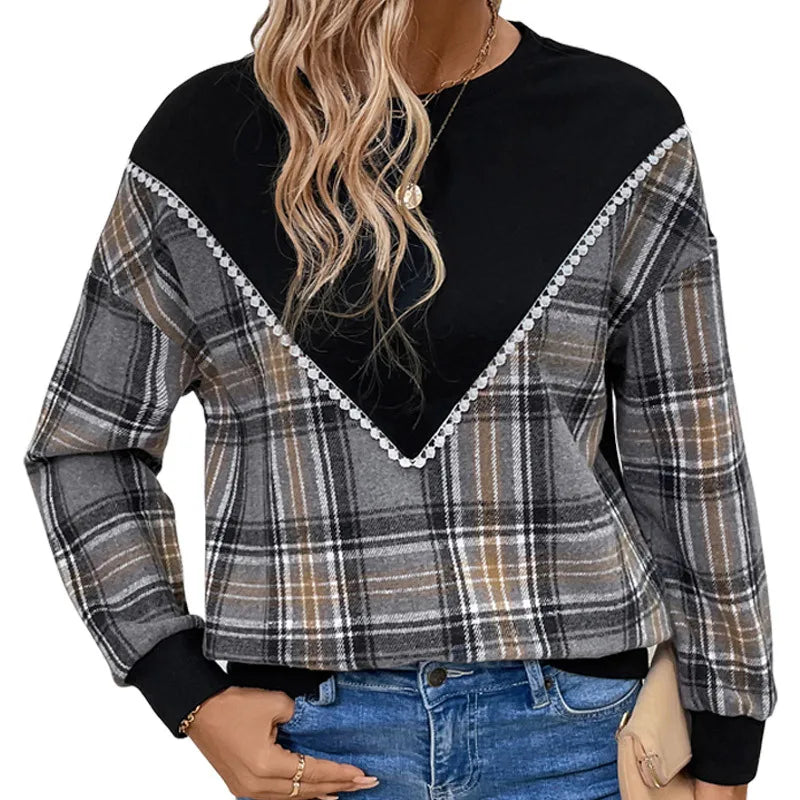 Ingvn - Women Round Neck Plaid Color Block Sweatshirt Lace Trim Long Sleeve Casual Pullover Top