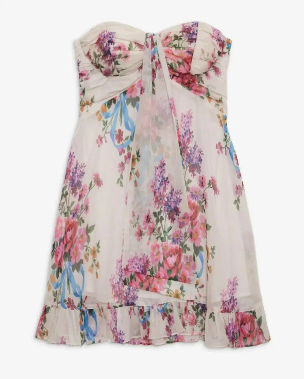 Ingvn  Floral Print Strapless Mini Chiffon Dress Women Ruffles Hem Party Irregular Frilled Elastic Bandage Backless Holiday Dress