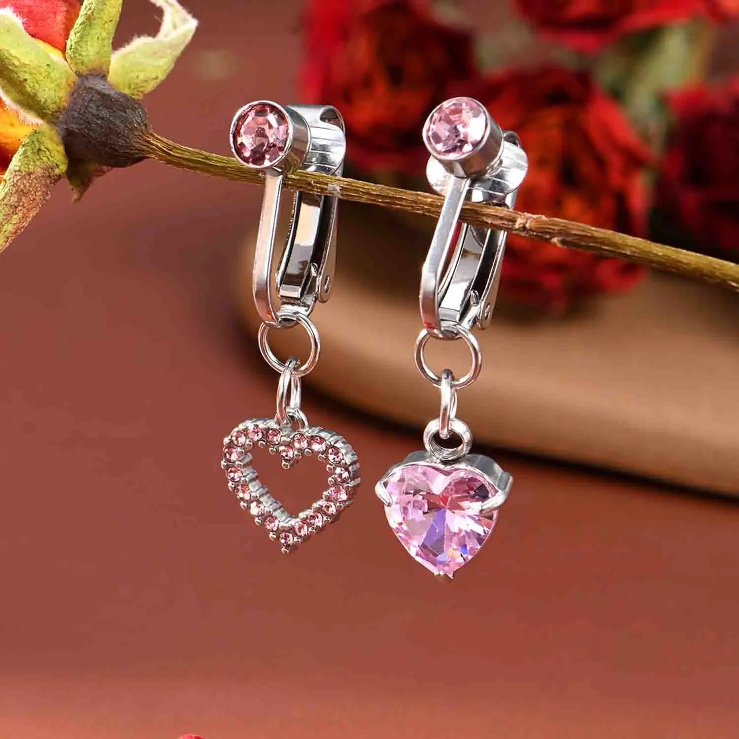 Ingvn  2pcs Cute Fake Belly Ring for Women - Pink CZ Heart & Butterfly Dangle Clip On Navel Rings, 304 Stainless Steel, Non-Pierced