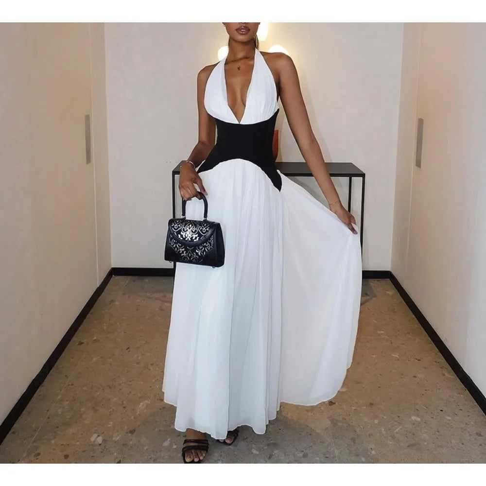 Ingvn  Hit Color Slimming Dresses for Women Deep V Neck Sleeveless High Waist Temperament Dress Female