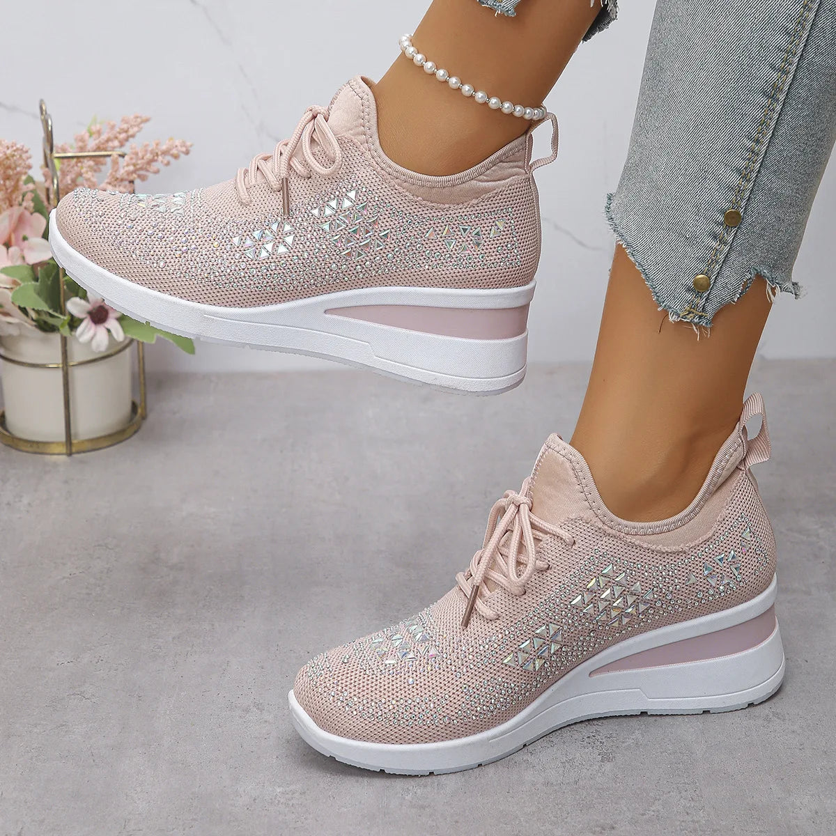 Ingvn  Lady's Shoes New Women Mesh Platform Sneakers High Heels Wedges Thick Bottom Sneakers Breathable Casual Vulcanize Shoes