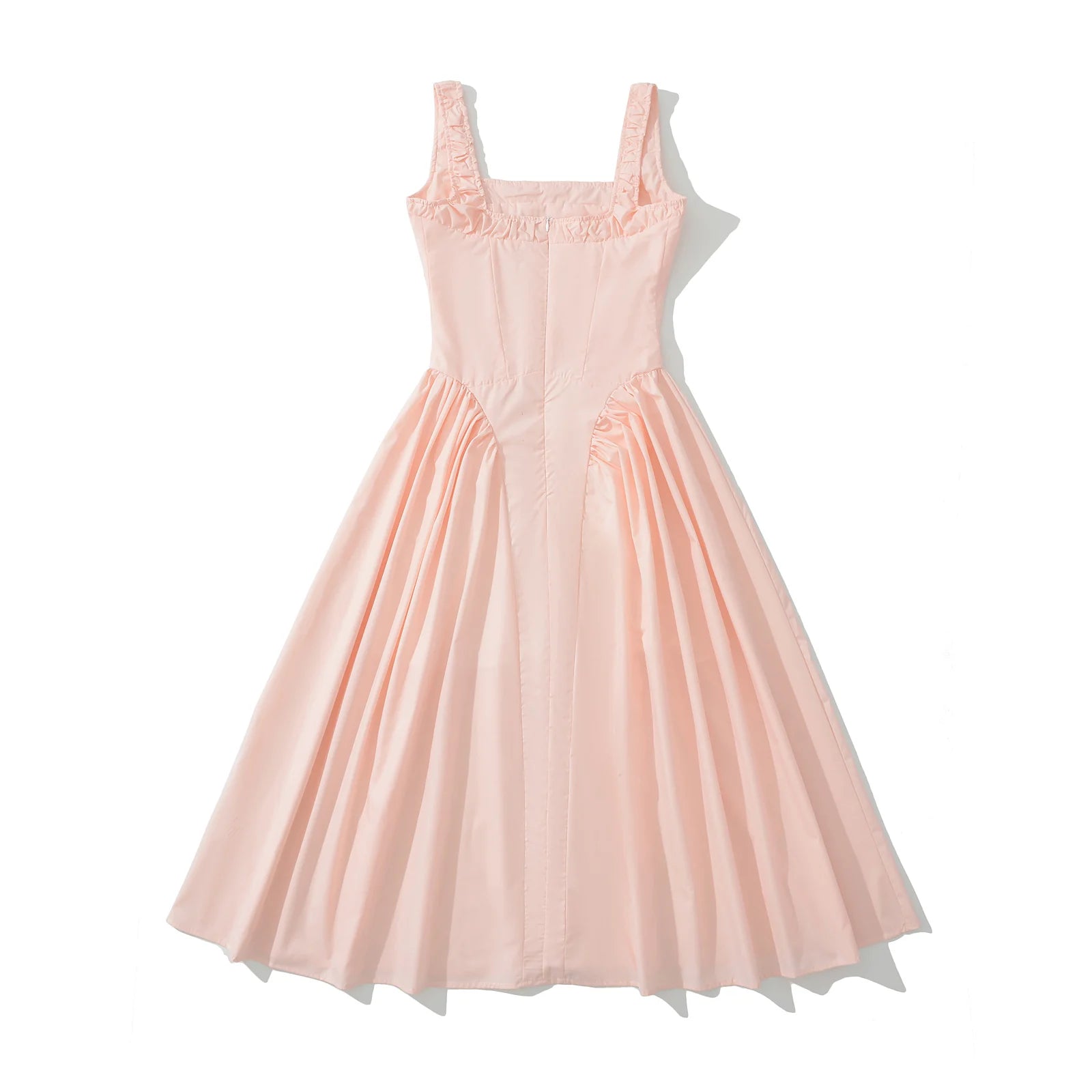 Ingvn  Sexy Pink Elastic Strap Tank Dress Ruched Slash Neck Zipper Back Slim Low Waist Hem Swing Midi Long Robe Sleeveless Vestidos