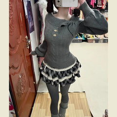 Ingvn  Japanese Style Kawaii Set Girls Solid Knitted Sweater Slim Plaid Y2k Mini Skirt Harajuku Fashion Suit Woman Chic