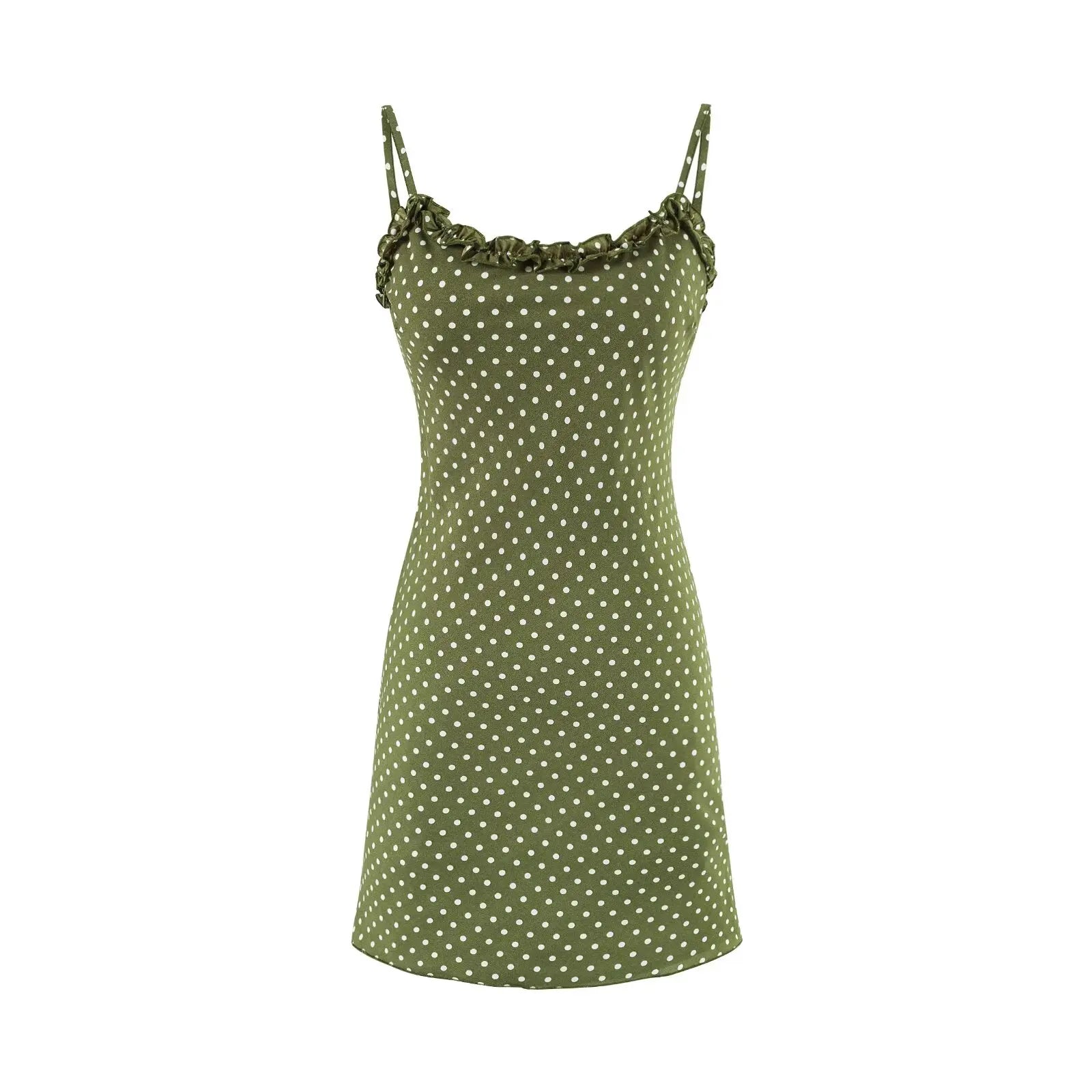 Ingvn  Vintage French Style ArmyGreen Polka Dot Print Wood ears O neck Sling Dress Women a-lined Short Dresses Femme Vestidos Robe