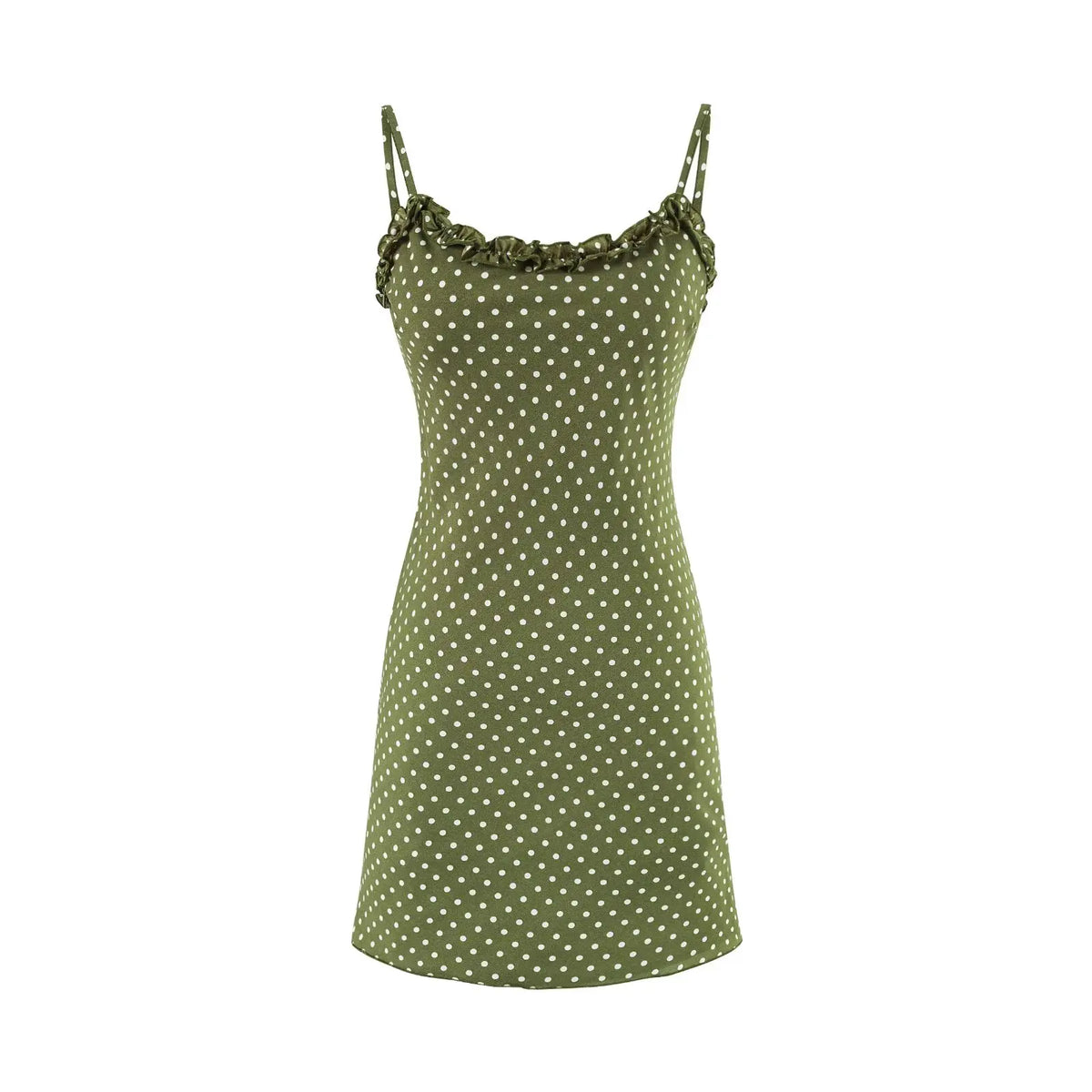 Ingvn  Vintage French Style ArmyGreen Polka Dot Print Wood ears O neck Sling Dress Women a-lined Short Dresses Femme Vestidos Robe