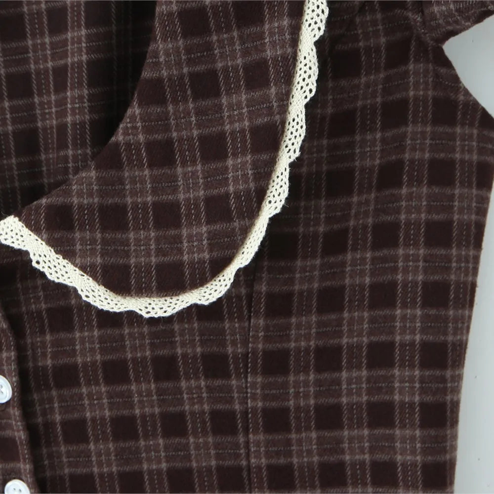 Ingvn  Retro Checked Plaid Spliced Lace Peter Pan collar Short Puff Sleeve Mini Dress Women Open Buttons Low Waist A-line Dresses Robe