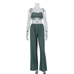 Ingvn  Striped Olive Green Sexy Two Piece Set for Women Lace Trim Camisole High Waist Wide Leg Pants Casual Home Outfits