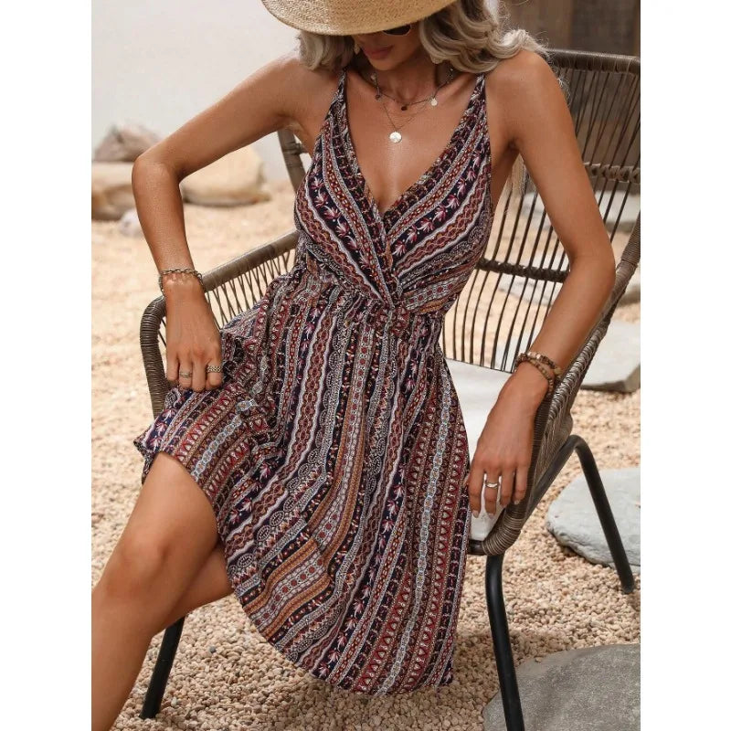 Ingvn  Women Boho Striped V Neck Spaghetti Strap Wrap Casual Summer Beach Mini Dress