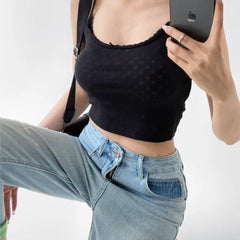 Ingvn  4 colors Sexy Women White Bow O neck Knitted Hollow Out hole Tank Top Slim T-shirts Summer Girl Base Camisole Crop top