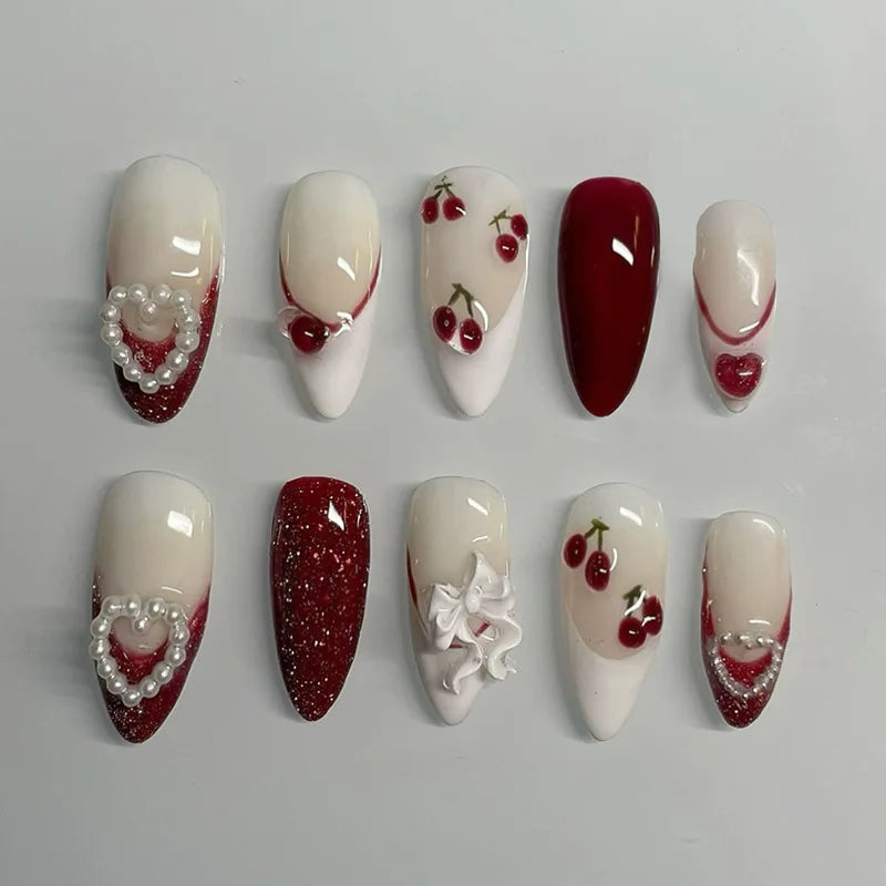 Ingvn  24Pcs Green Oval False Nails with Strawberry Design Wearable Mid-length Almond Press on Fake Nails Rabbit Pattern Nail Art Tip