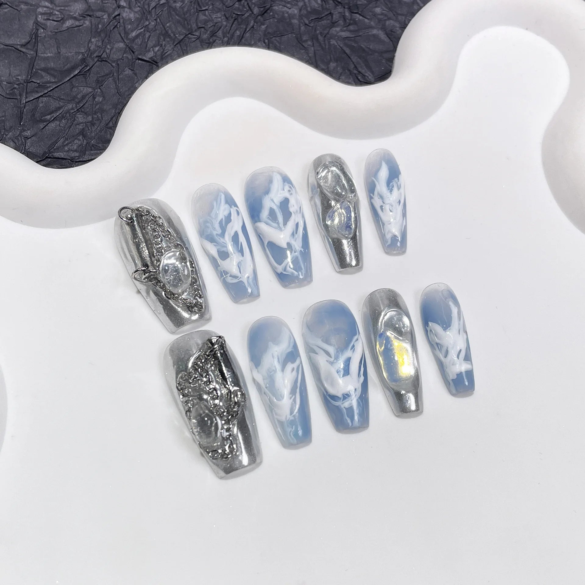 Ingvn  10Pcs Handmade Press on Nails Long Ballet Blue Fake Nails with 3D Ocean Moon Rhinestone Design False Nails Full Cover Nail Tips