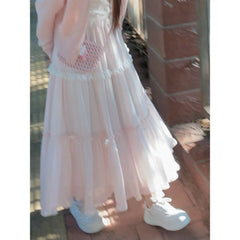 Ingvn  Japanese Kawaii Midi Skirt Y2k Harajuku Ruffles Lace Skirt Sweet Preppy Style Women Subculture Chic High Waist Bow Skirt