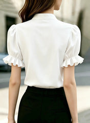 Ingvn  Women Lace Trim Puff Sleeve Blouse Ruffle Short Sleeve Button Down Shirt Top Casual Office Wear