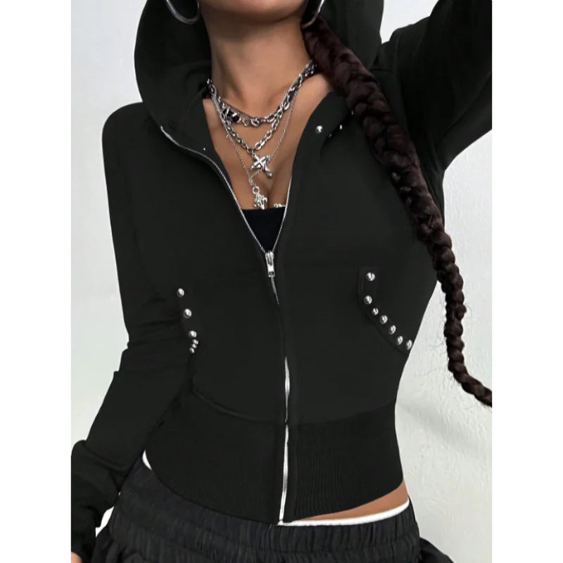Ingvn - European American Style Spring Autumn New Hooded Womens Sweatshirt Fashion Trendy Slim Fit Versatile Beaded Cardigan Coat