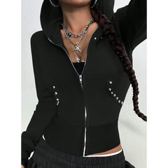 Ingvn - European American Style Spring Autumn New Hooded Womens Sweatshirt Fashion Trendy Slim Fit Versatile Beaded Cardigan Coat