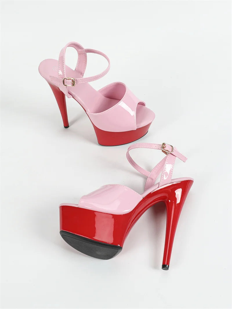 Ingvn  New Yellow Red Women Fashion Buckle Strap Platform Sandals Runway Sexy Peep Toe Super High Heels Wedding Prom Shoes