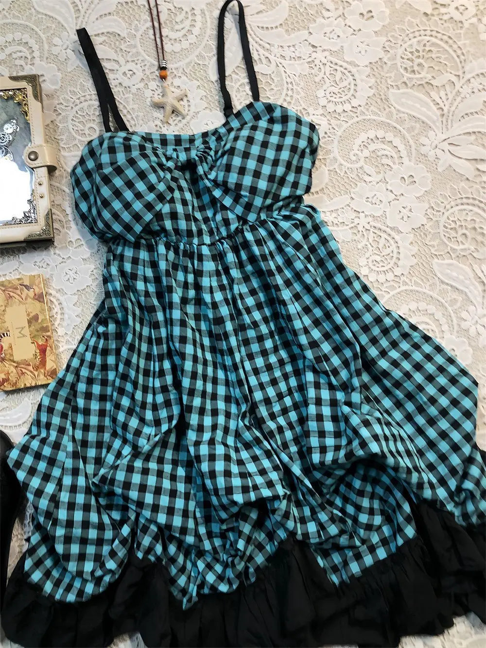 Ingvn  Summer New Vintage Sweet And Spicy Style Plaid Puff Sleeve Short Dress Women's Polyester Fiber Casual Everyday Dress