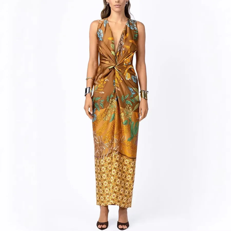 Ingvn  Summer Casual Print Maxi Dresses for Women V Neck Sleeveless Sashes Design Draped Slimming Dress for Beach Vacation