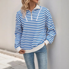 Ingvn - Women Striped Pullover Hoodie Loose Long Sleeve Autumn Winter Casual Zipper Polo Collar Sweatshirt