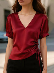 Ingvn  Women's V Neck Short Sleeve Satin Blouse with Side Ruched Tie Detail, Slim Fit Top for Casual or Office Wear