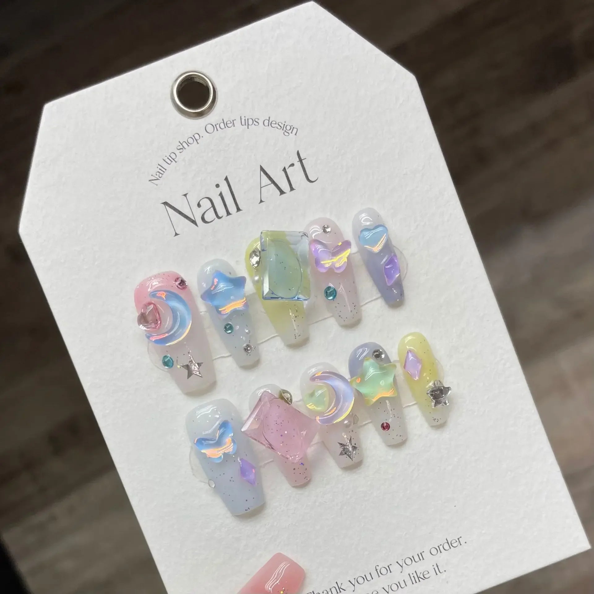 Ingvn  10Pcs Handmade Press on Nails Long Ballet Blue Fake Nails with 3D Ocean Moon Rhinestone Design False Nails Full Cover Nail Tips
