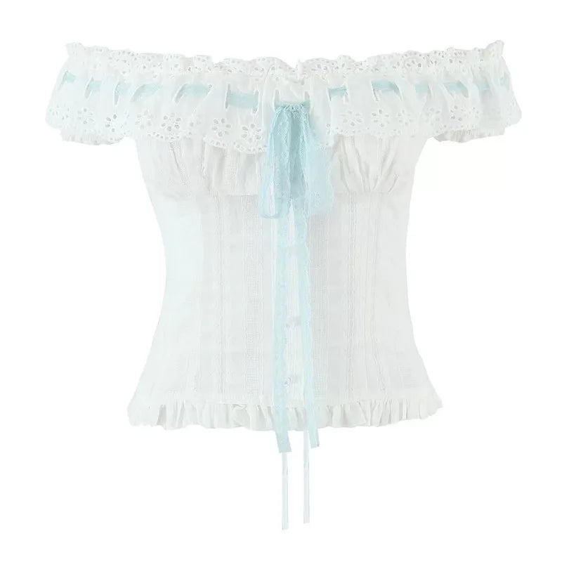 Ingvn  French Style Embroidered Lace Drawstring Shoulder Bridesmaid Shirt White Summer Vacation Top Women's Slim Fit Short Sleeve