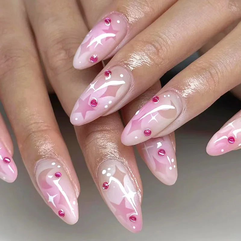 Ingvn  24Pcs Pink French False Nails Rainbow Cloud Design Full Cover Nail Tips Summer Long Almond Fake Nails Almond Press on Nails
