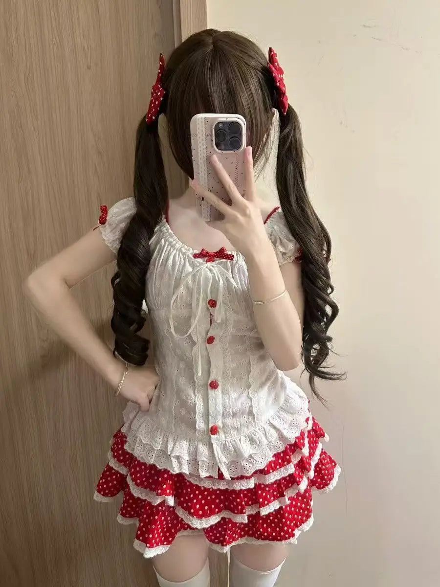 Ingvn  American Vintage Y2K 2‑Piece Sets Japanese Kawaii Crop Top Blouse and Mini Skirts Sweet Holiday Casual Outfits for Women