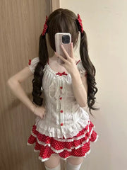 Ingvn  American Vintage Y2K 2‑Piece Sets Japanese Kawaii Crop Top Blouse and Mini Skirts Sweet Holiday Casual Outfits for Women