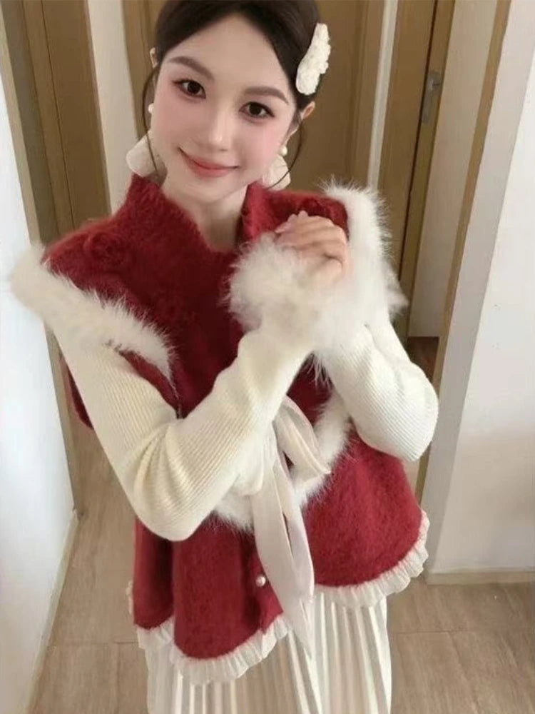 Ingvn - Women's Autumn Niche Tweed Faux Fur Patchwork Layering Knit Vest Elegant Chic Coquette Trendy Top Warm Vintage  Knit Vest