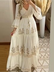 Ingvn  Long Dress for Women Elegant Tassel V-Neck Flare Sleeve Vintage Boho Sweet Casual Pleated A-Line Fashion Summer  Dresses