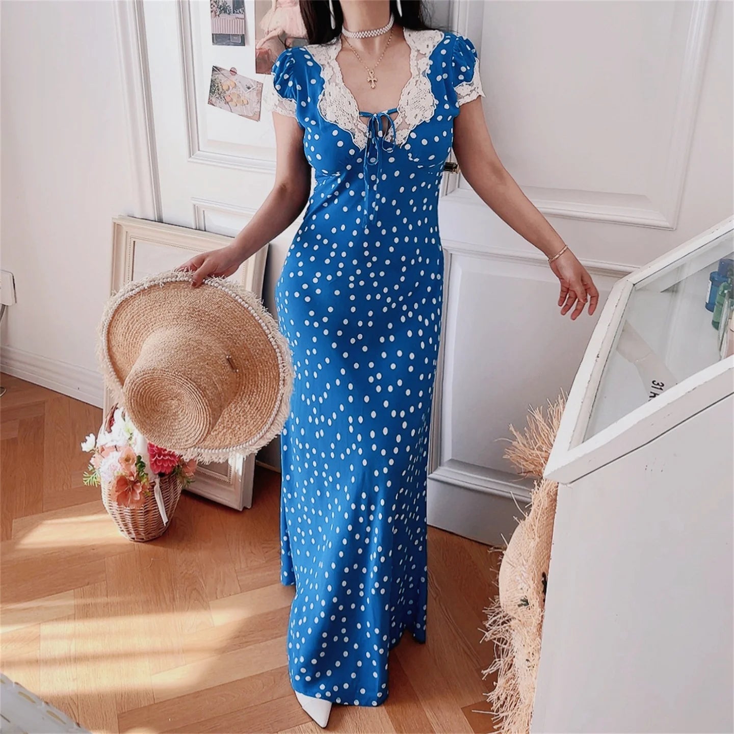 Ingvn  Blue Polka Dot Lace Bubble Sleeve Long Dress Chenopod Spring Summer Vintage Style Holiday Dress Women's H Version Polyester