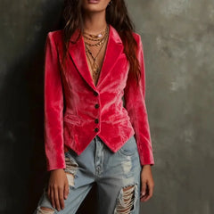 Ingvn  Vintage Velvet Short Jacket for Women's Long Sleeve Notched Collar Single Breasted Elegant Office Lady Slim Fit Outerwear