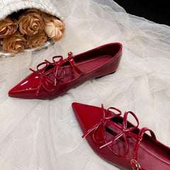 Ingvn  Fashion Patent Leather Bowknot Mary Janes Women Flats Pumps Spring Summer Elegant Pointed toe T-Strap Ladies Flats Party Shoes