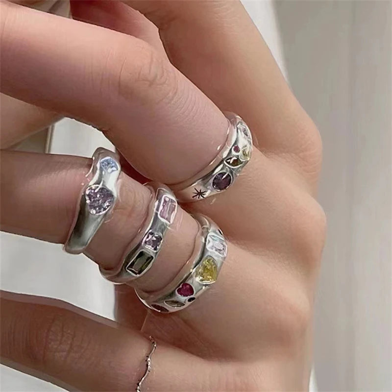 Ingvn  Korean Opal Irregular Rings Pink Zircon Natural Stone Girl Wedding Engagement Rings Opal Crystal Y2K Rings Aesthetic Jewelry