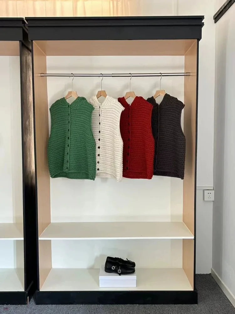 Ingvn - Women's High-End Chunky Hooded Knit Cardigan Vest Sleeveless Layering Sweater Coat Chic Coquette Trendy Vintage
