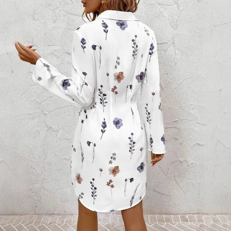 Ingvn  Women's Floral Print Lapel Long Sleeve Button Front Pleated Waist Casual Shirt Dress