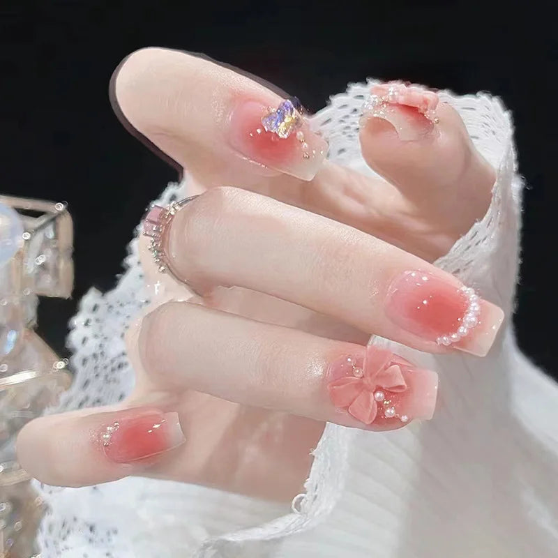 Ingvn  24Pcs Pink Ballet Fake Nails Full Cover Nail Tips Long Ballet False Nails with Rhinestone Chain Design Wearable Press on Nails