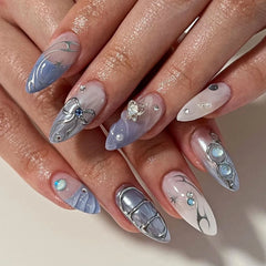 3D Pearl Shell Fantasy Polarized French Almond Shape False Nails Summer Detachable Finished Fake Nails Press on Nails with Glue