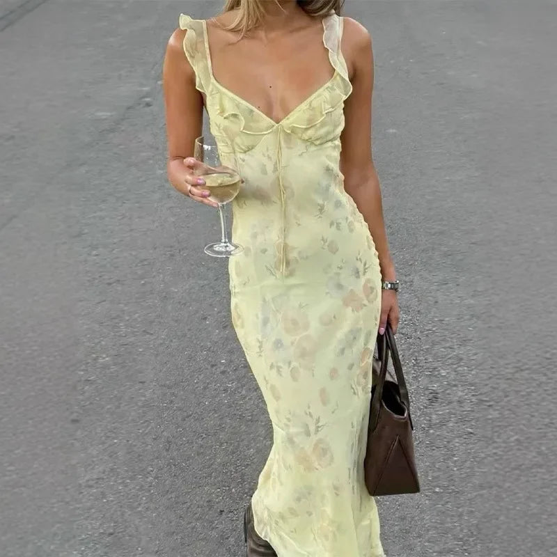 Ingvn  Summer Flower Printed Women's Sexy Low-cut Dress Sleeveless Backless Slim Sling Dresses Beach Vacation Lady Vestidos