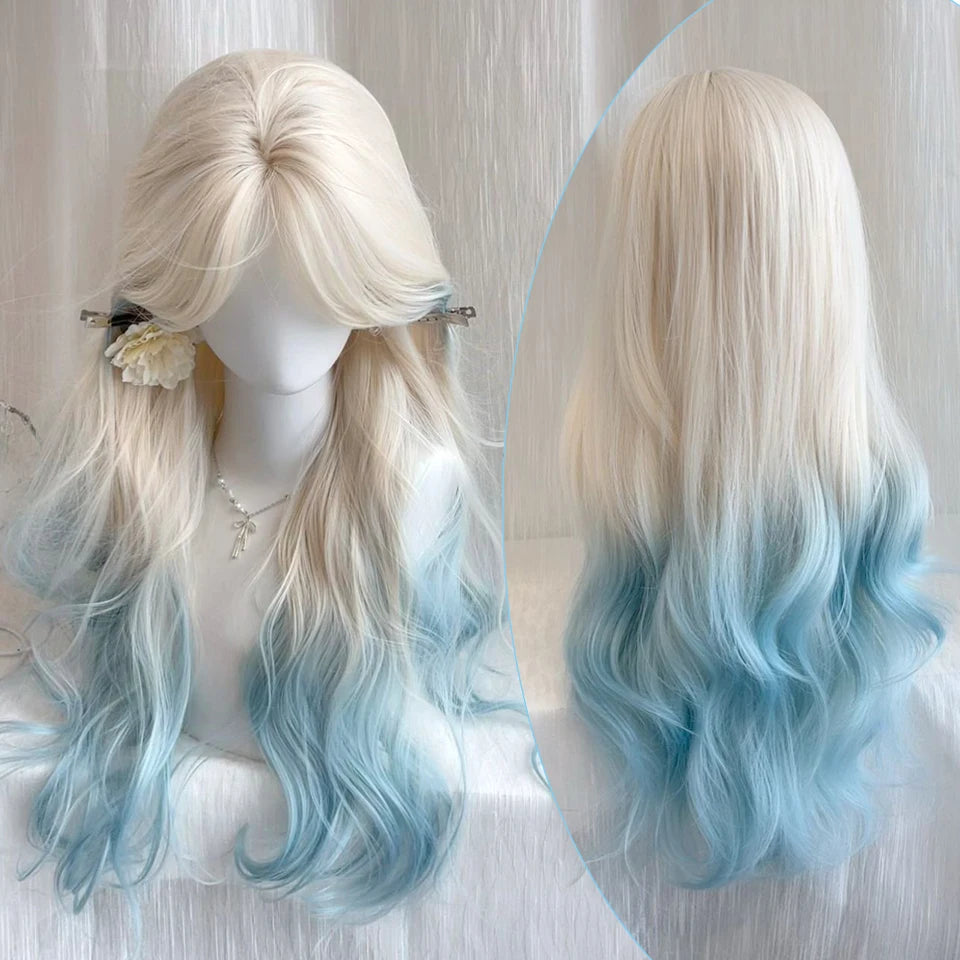 Ingvn - Long Wavy Platinum Gradient Blue Wig Synthetic Pink Green Lolita Wigs for Women Daily Cosplay Wig Halloween Costume Wig