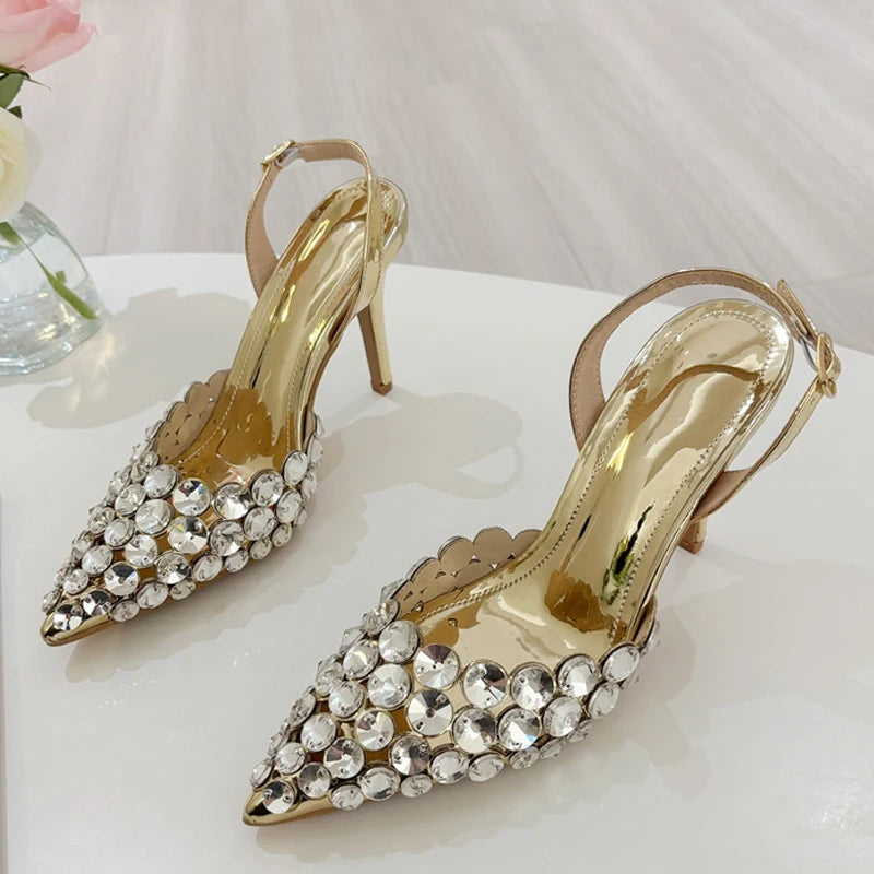 Ingvn  Elegant Pointed Toe Slingback Stiletto Sandals Crystal Diamonds Women Pumps High Heels Wedding Prom Shoes Zapatos Mujer