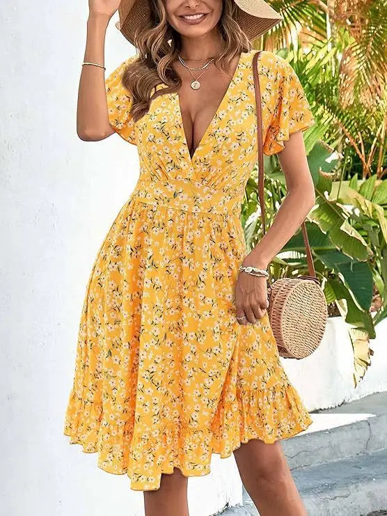 Ingvn  Summer V Neck Wrap Waist Floral Print Ruffle Hem Dress