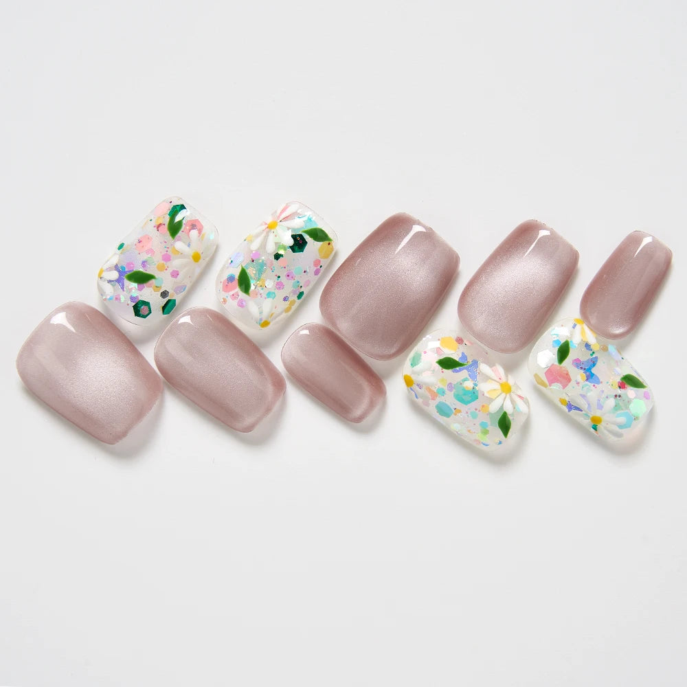 10PCS Short Square Press On Nails Cat Eyes Pink Fake Nails With Multi-Color Floral Designs Summer Collection For Women and Girls