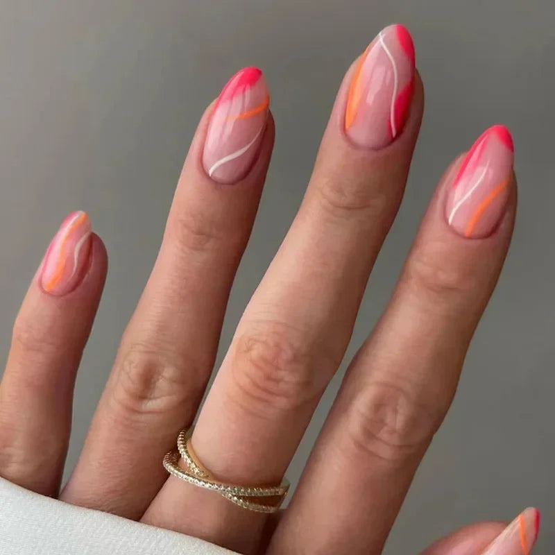 Ingvn  24Pcs Simple Green French False Nails Short Almond Fake Nails with Wave Line Design Wearable Round Head Press on Nail Tips
