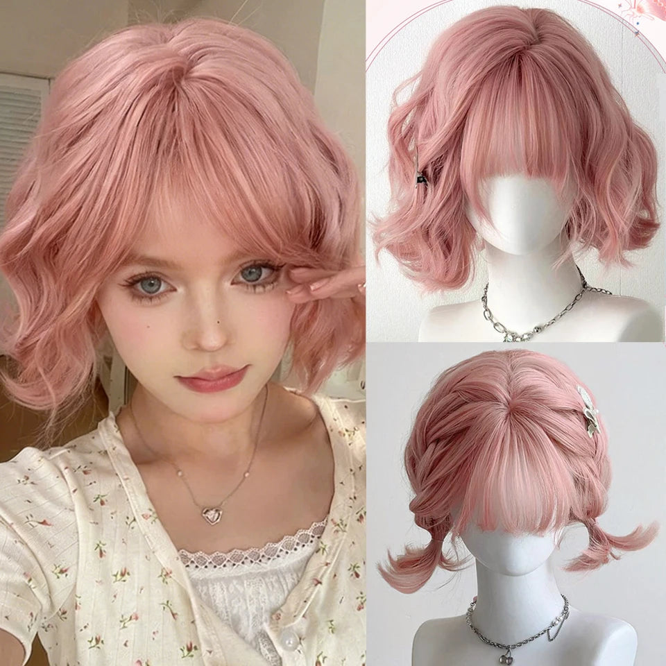 Ingvn  Short Wavy Ombre Pink Hair Wig for Women Synthetic Wig with Bangs Natural Layered Lolita Cosplay Party Cute Wigs