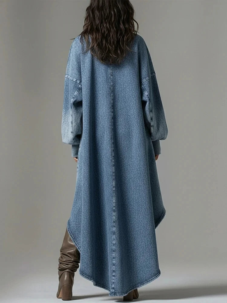 Ingvn  Fashion Casual Sexy V Neck Denim Dress Woman Elegant Lantern Sleeve Long Sleeve High Low Irregular Hem Mini Dresses